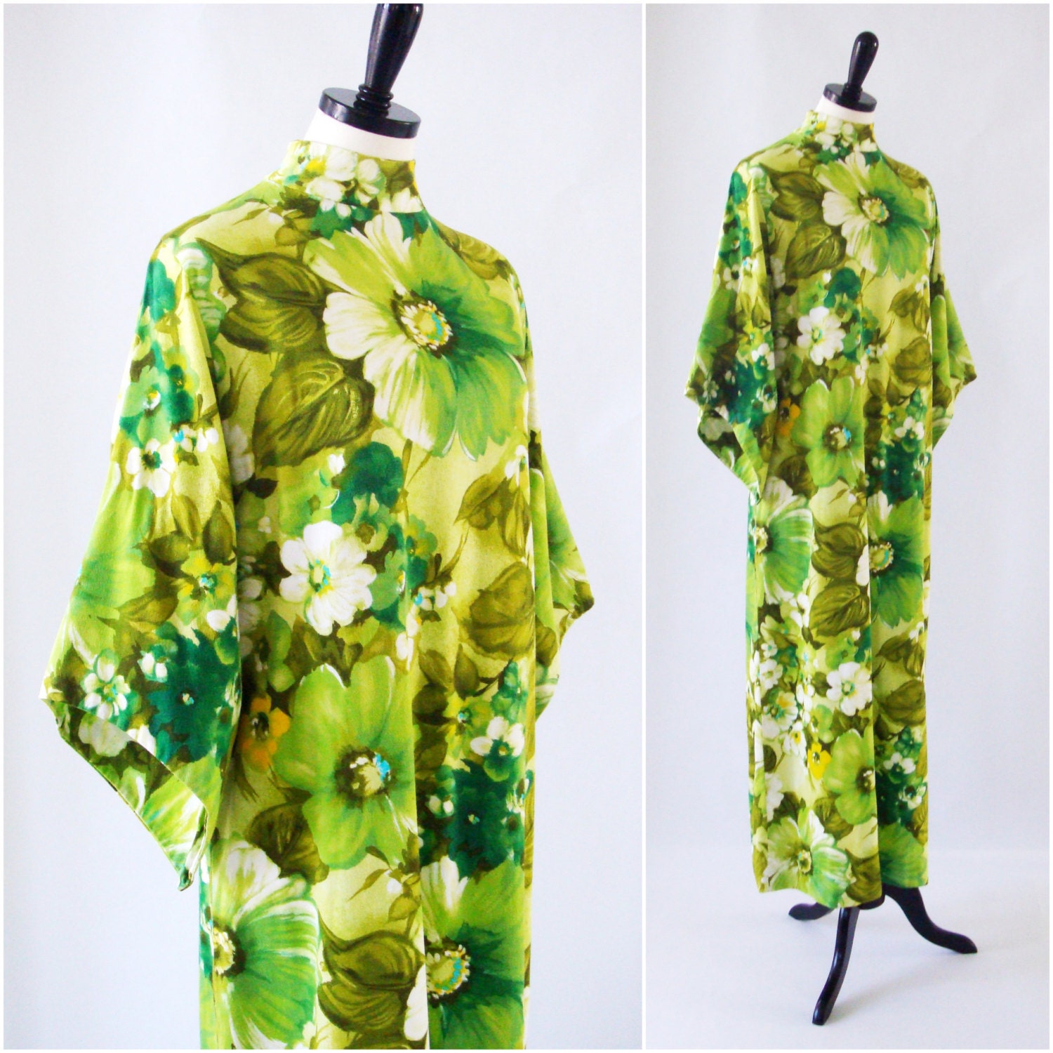 Vintage Hawaiian Caftan 1960s Loungewear Bold Green Floral