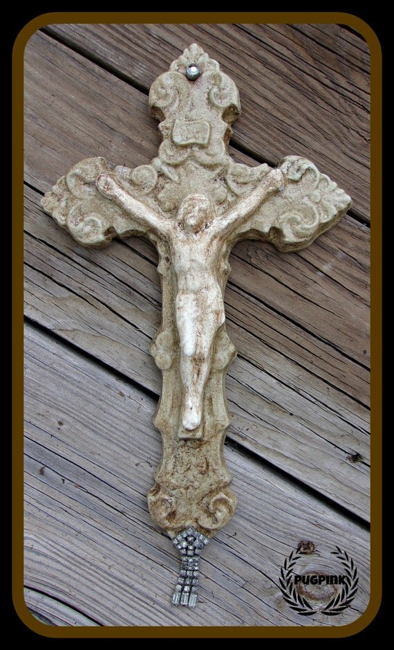 Vintage Plaster Cross in Neutral Colors with Rhinestone by pugpink