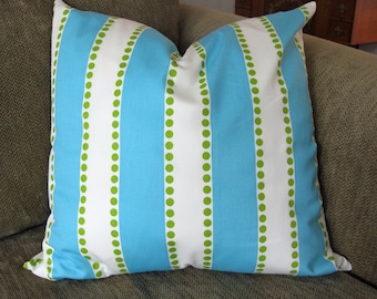 One Decorative Pillow Cover, 18" x 18", Stripes, in Aqua, White & Green , Zipper Closure, Washable
