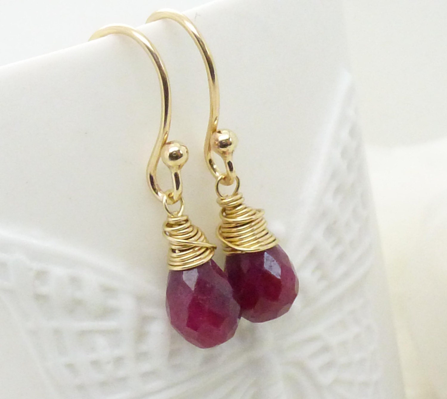 Small gold ruby earrings wire wrapped ruby gemstone jewelry