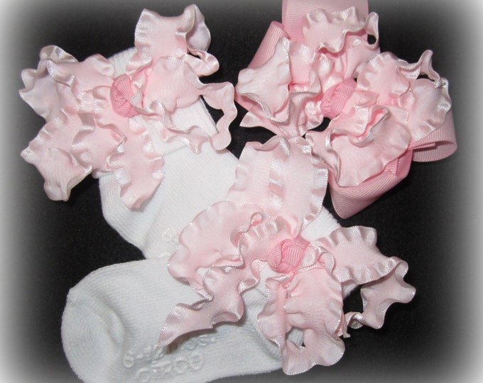 Socks Ruffle Hair Bow Light baby Pink Double Ruffle Sox and Hairbow Set Matching Hairbow and Socks for Baby Toddler and Little Girl
