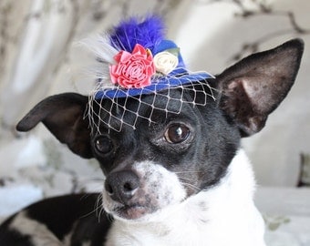 Cute blue color mini hat with feather and flowers for dog or cat