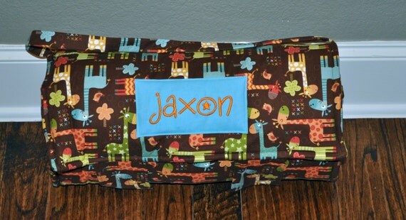 Nap Mat - Monogrammed Giraffe Crossing Nap Mat with Turquoise Minky Dot Blanket