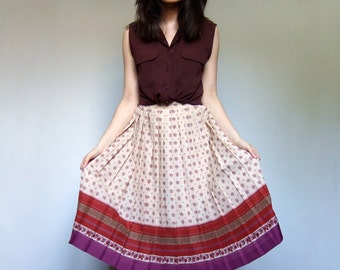 Vintage 70s Skirt Fall Summer Patterned Accordion Pleated Knee Length Skirt Simple Spring Fashion - Small S
