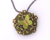 Vintage Button Necklace Swarovski Crystal Floral Brass Filigree Patina Butterfly Moss Leaf Spring Sage Green Victorian Mori Girl OOAK