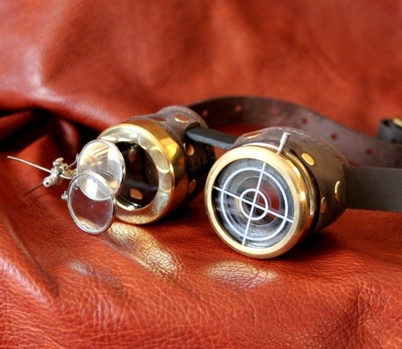 Steampunk Goggle brass and brown with IRIS eye piece and magnifiers by steambaby steampunk buy now online