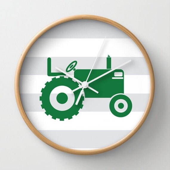 Green Tractor Wall Clock 10 inch Diameter Gray and White
