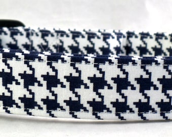 Dark Navy Blue and White Houndstooth Dog Collar