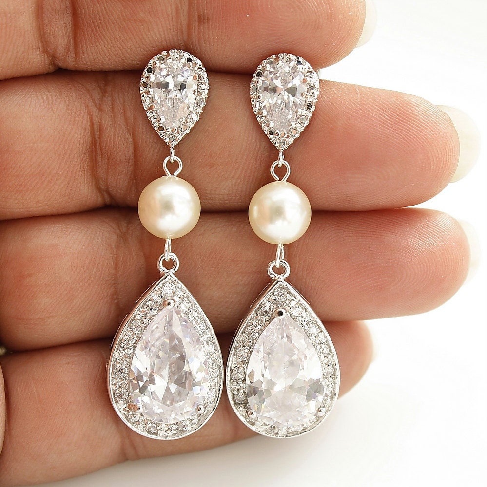 Large Bridal Earrings Crystal Pearl Wedding Earrings Teardrop