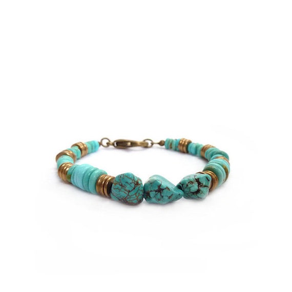 Turquoise Bracelet Southwestern Style Brass Heishi Beads