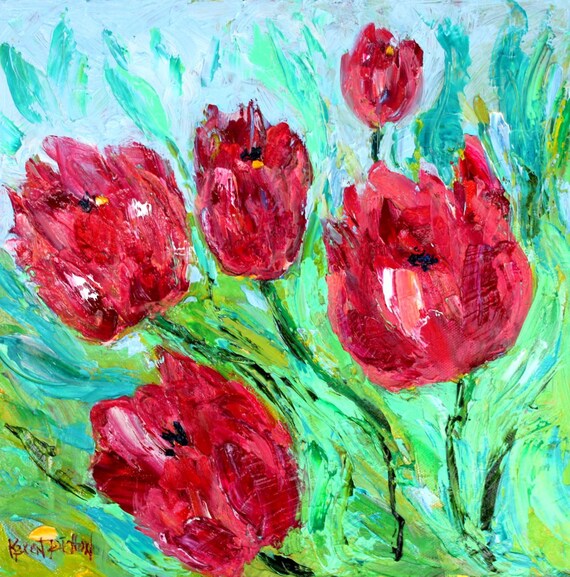 Original oil painting Spring Tulip Flowers abstract impressionism fine art impasto on canvas by Karen Tarlton