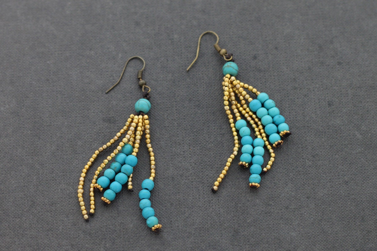 Turquoise Brass Tassels Earrings