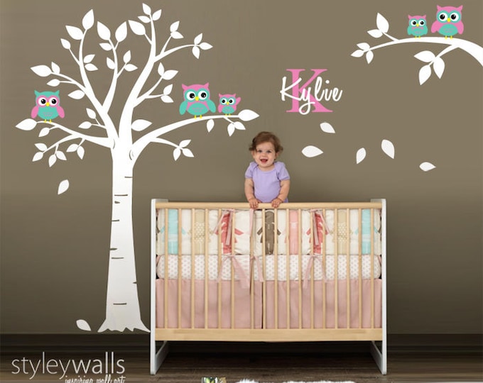 Owls Tree Wall decal, Nursery Wall Decal, Owls and Tree Wall Decal for Baby Room Decor, Owls and Tree Personalized Initial Name Wall Decal