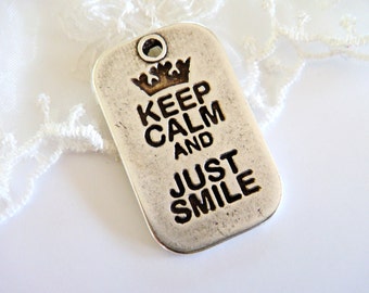 Antique Silver Army Tag "Just Smile" Military Dog Tag Metal Tag Large Charm Pendant 40x25mm - 1 piece