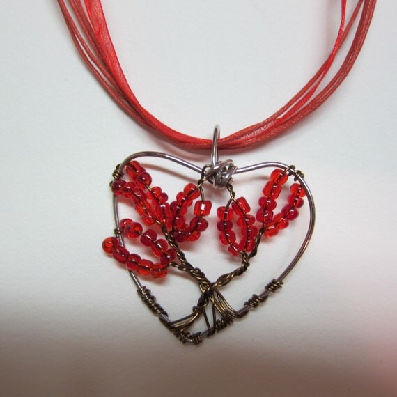 Red Heart Shape, Tree of Life Wire Wrap pendant Necklace Gif of Love