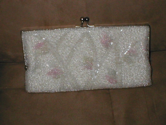 Vintage Pink  White Beaded Evening Bag Clutch Purse