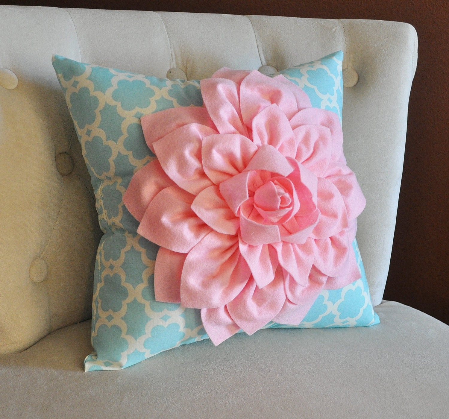 Light Pink Dahlia Flower on Blue Tarika Pillow Accent Pillow