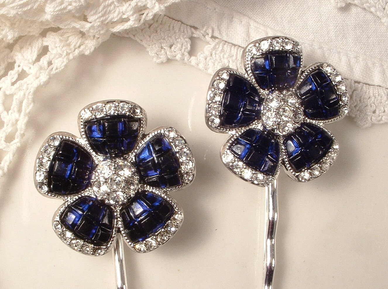 Vintage Navy Blue Hair Pins Silver Sapphire Rhinestone Bridal