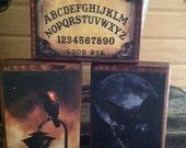Set of 3 Primitive Halloween Wood Blocks featuring Crows, Ouija Board and Black Cat  Statteam OFG HaFair