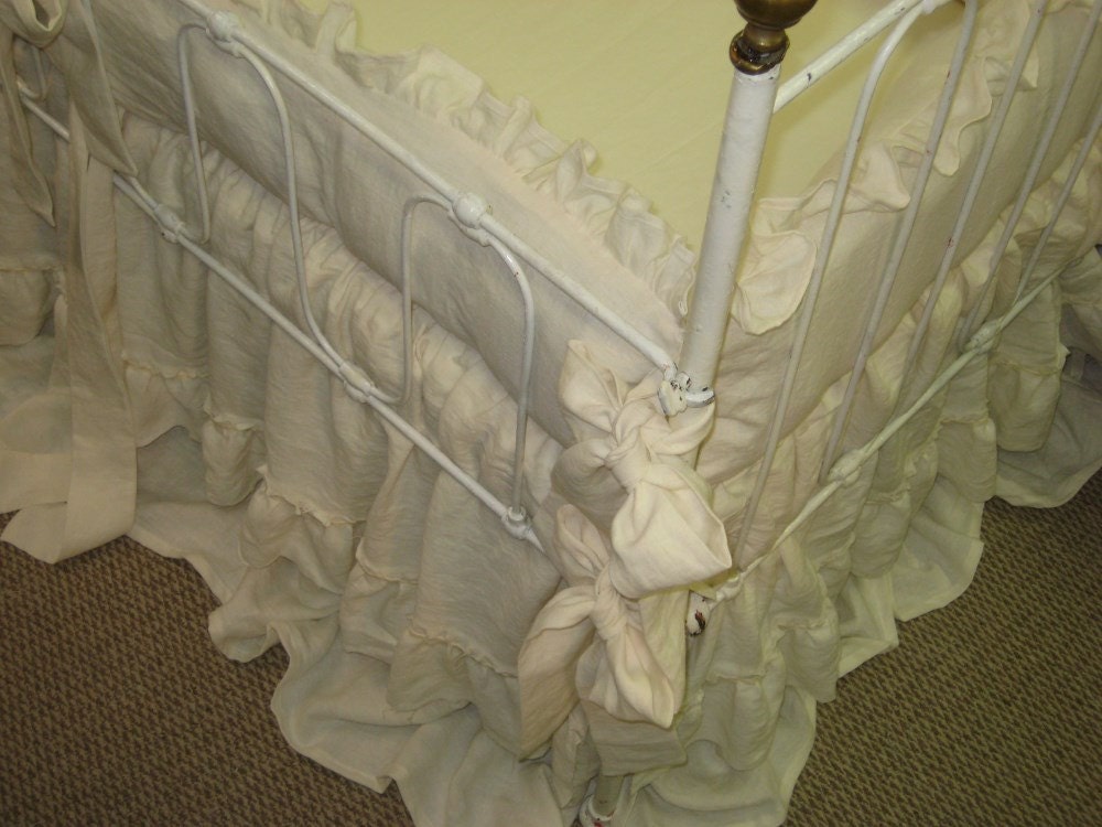 Cream Washed Linen NurseryRuffled Crib Bumpers with Sash