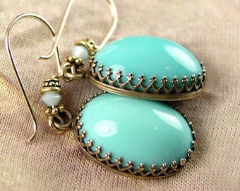 Turquoise Blue Earrings Czech Glass Earrings Vintage Style Antique Gold Earrings Pastel Opal Blue Earrings
