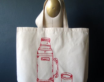 Screen Printed Recycled Cotton Tote Bag - Eco Friendly Grocery Tote - Canvas Tote Bag - Large Tote - Thermos Book Bag - Handmade Tote