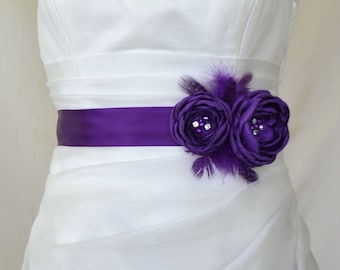 Handcraft Deep Purple Two Flowers With Feathers Wedding Bridal Sash Belt