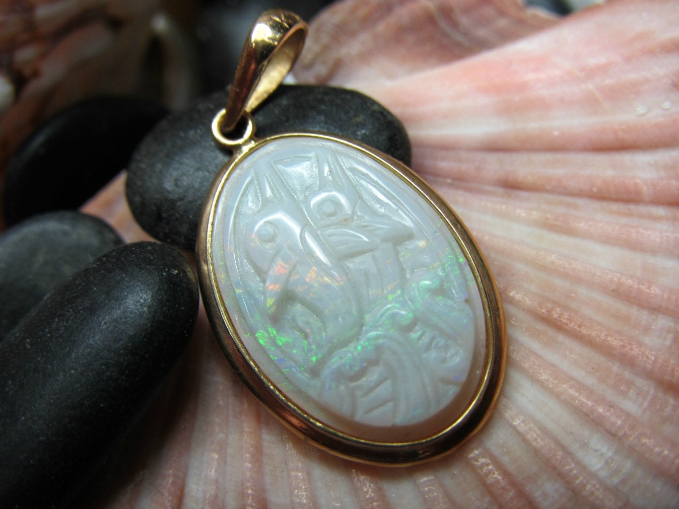 14k Carved Opal Cameo Pendant Dolphins Yellow by EverythingIOwn