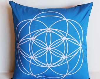 Square blue cushion cover eco friendly organic cotton throw cushion, geo print 01