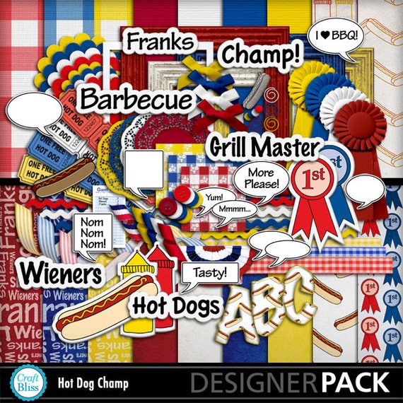 Sale! Digital Scrapbook Kit Barbecue Hot Dog Champ Digital Scrapbook Papers Patriotic BBQ Hot Dog Franks Wieners Red White Blue Grillmaster Il_570xn