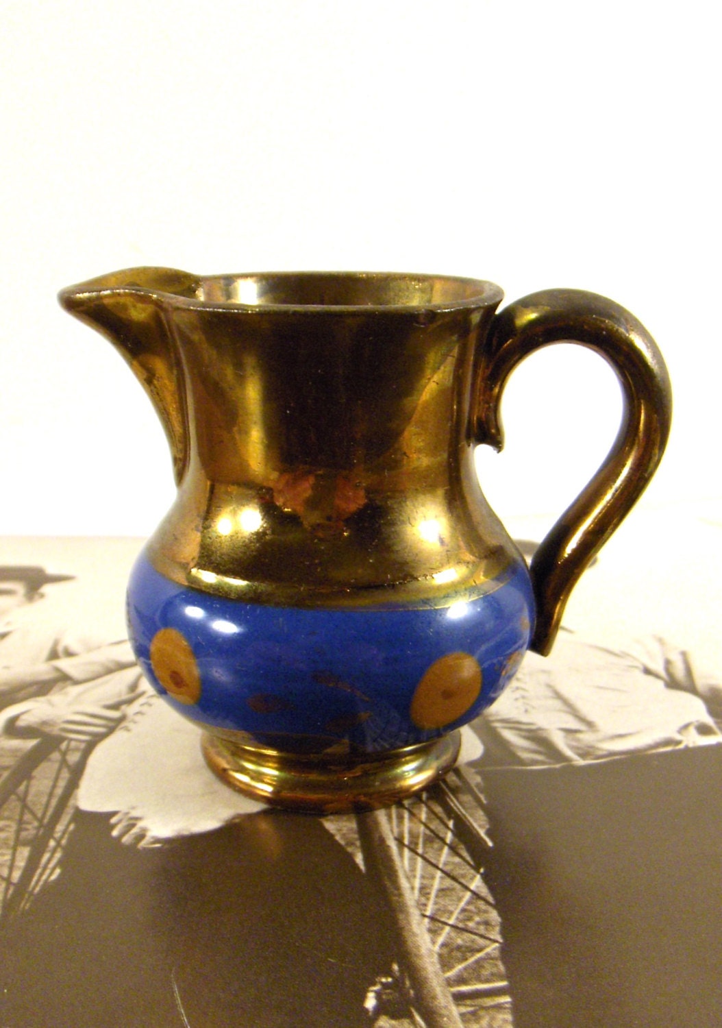 Copper Lustre Ware Pitcher Creamer with Blue Band 19th Century