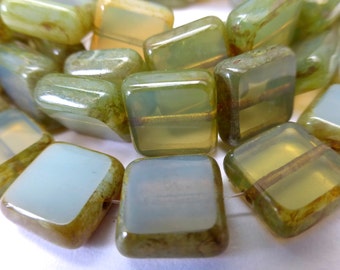 NEW COLOR 15 Czech Glass Square Beads in Translucent Cloudy Green Opal with Picasso Edges Size 10.5mm Square