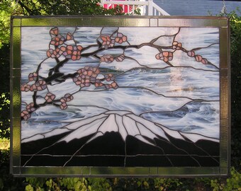 Mount Fuji with Plum Blossoms 30" x 40" Stained Glass Window Panel