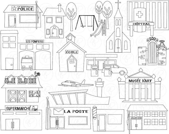 My Community Buildings in FRENCH Clipart: 300 dpi by poppydreamz