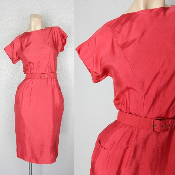 1950's Silk Red Vintage Wiggle Dress Sz M