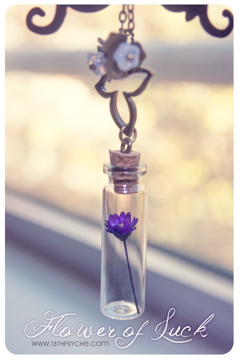 Tiny flower Bottle necklace. Glass bottle pendant. Cute