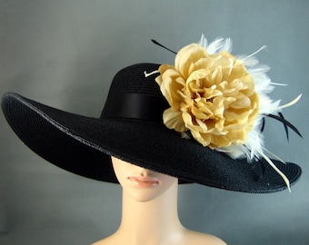 Champagne gold Flower Kentucky Derby Hat, Formal Hat,Wide Brim Fascinator