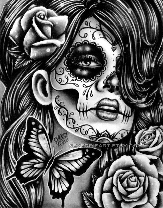 Day of the Dead Poster Sugar Skull Girl Butterfly by NeverDieArt