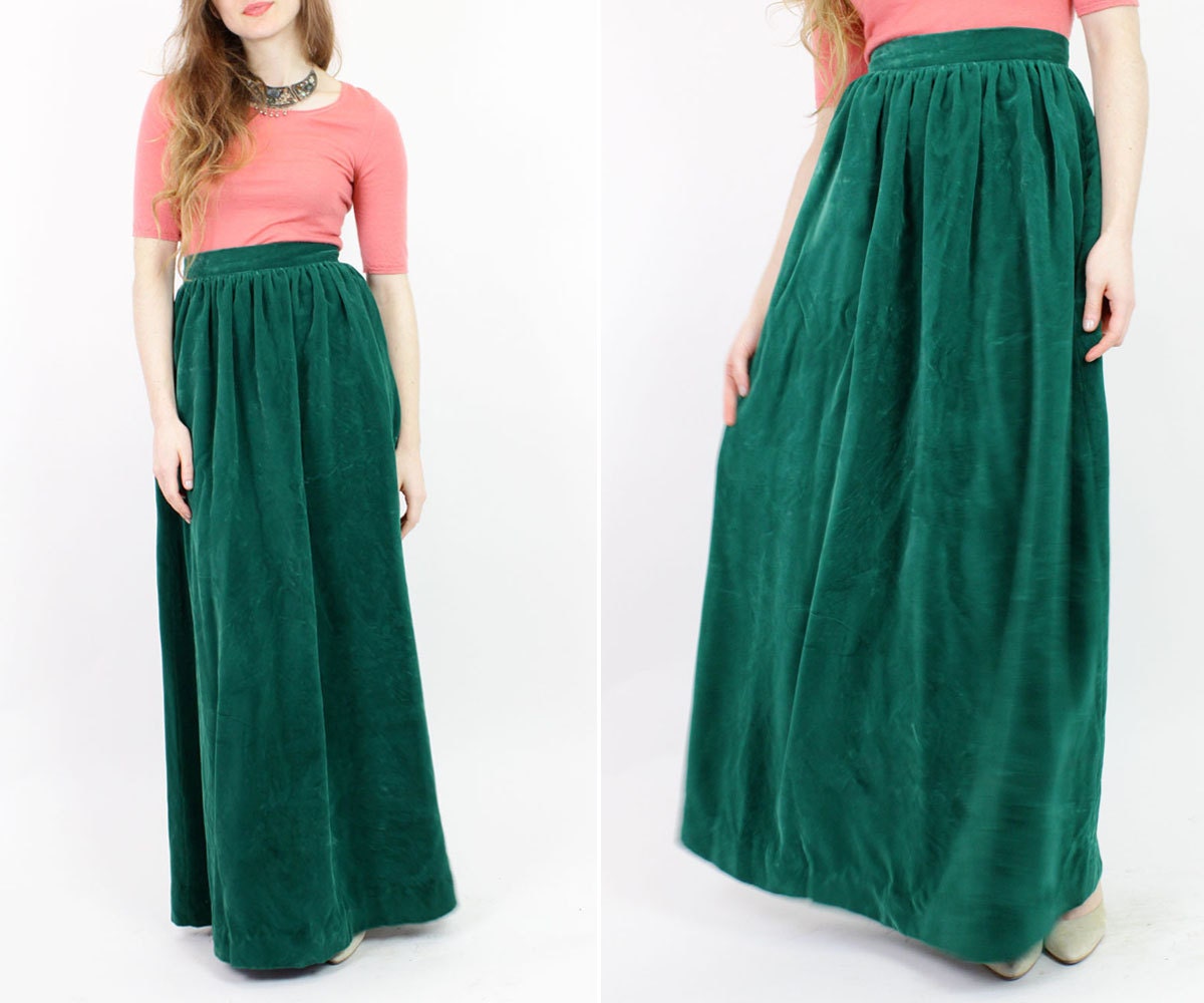 Green Velvet Maxi Skirt S Vintage 80s Ivy Silk Velvet By Omniavtg 3100