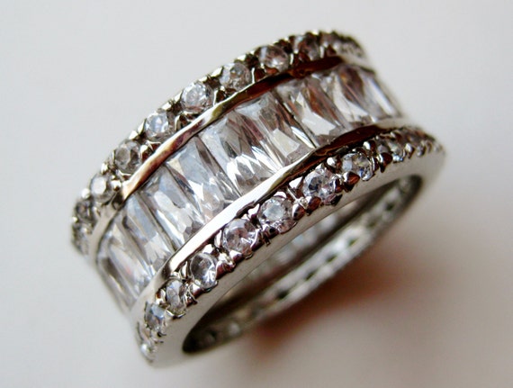 Vintage Mens Wedding Band Sterling Silver Faux Diamond Flashy Ring ...