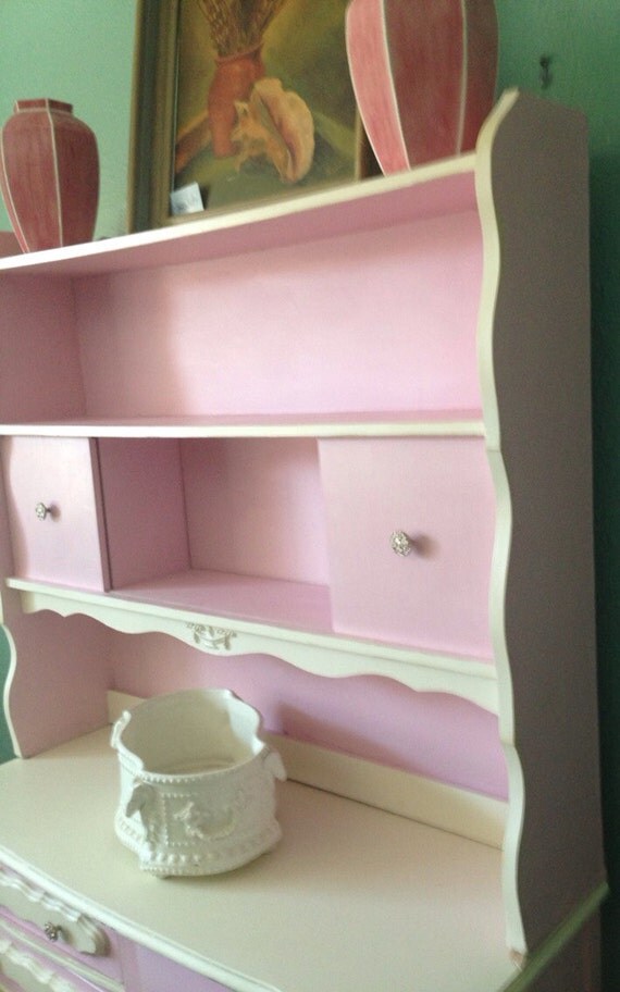 French Provincial Desk Hutch Vanity Vintage Pink White