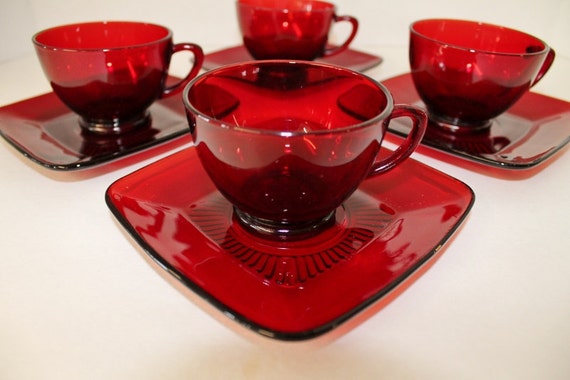 cup  Hocking and  Anchor saucer four Saucer  Vintage Red Ruby Cup red of set vintage and ruby