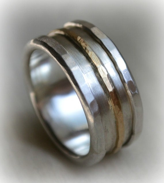 mens wedding band rustic fine silver and 14k by MaggiDesigns