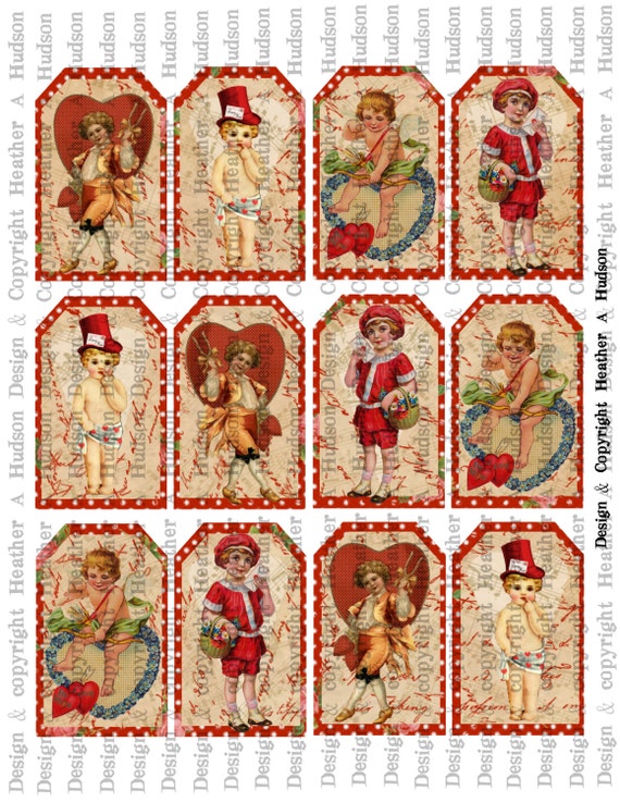 Victorian Vintage Valentine's Day Red Tags Cupids Digital Collage sheet Printable