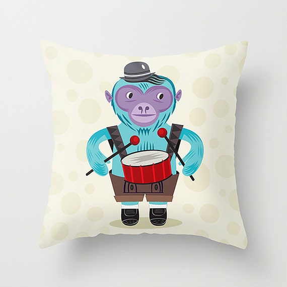 The Monkey Drummer - Cushion Cover / Throw Pillow (16" x 16") by Oliver Lake