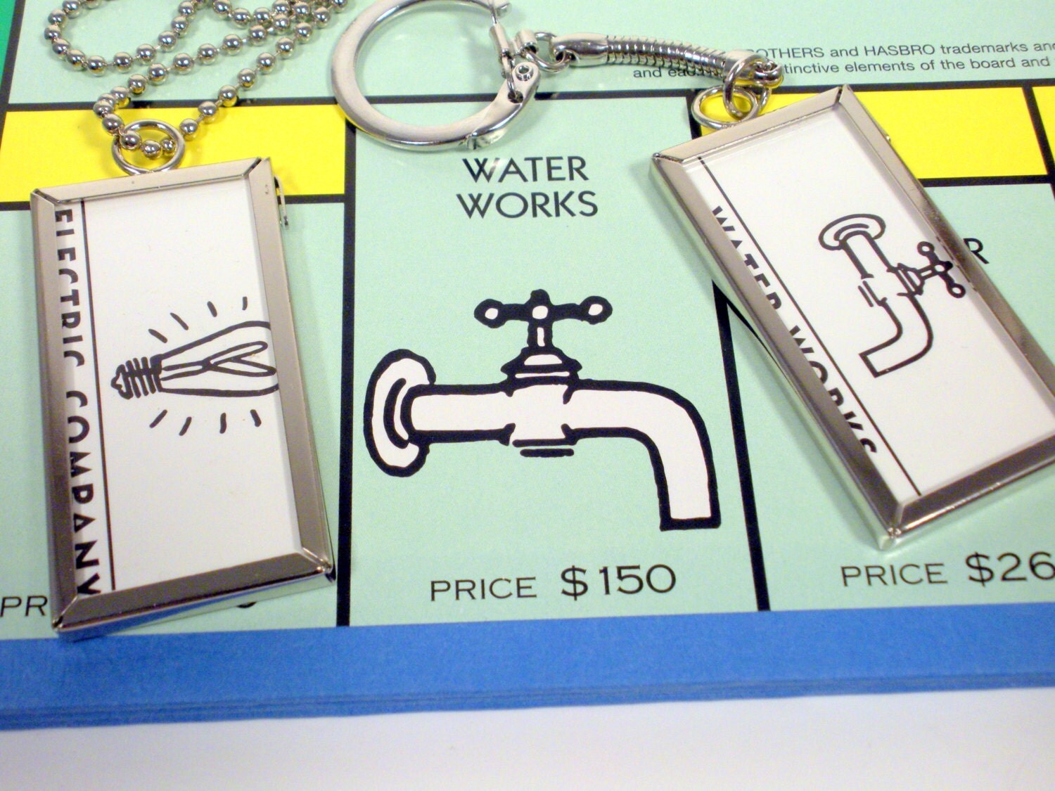 Upcycled Monopoly Property Card Pendant Keychain Water Works