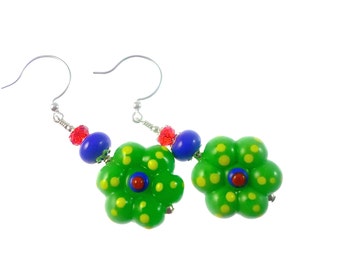 Glass Bead Earrings, Unique Earrings, Lampwork Earrings, Dangle Earrings, Beadwork Earrings, Green Flower Earrings, Lampwork Jewelry