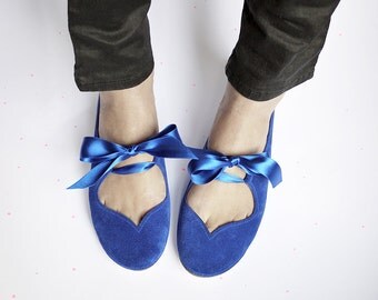 Ballet Flats Shoes Mary Jane in Cobalt Leather Heart Shaped Soft Royal Blue Handmade Ballerinas