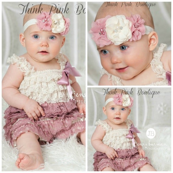 Baby Headband Petti Lace Romper SET, petti lace romper,baby headbands,lace romper,flower Headband, Baby girl Headband and lace petti romper. by ThinkPinkBows