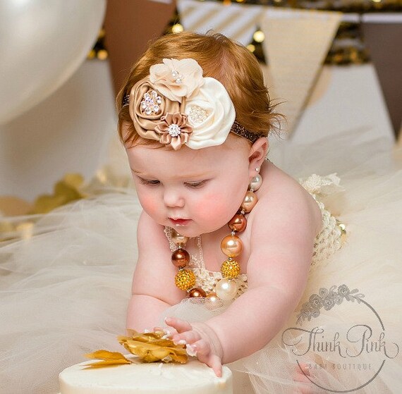 Bubblegum Necklace and Baby Headband SET,Baby Headbands, Little girls Chunky Necklace, Newborn Headband and Ivory & Gold necklace. by ThinkPinkBows